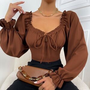 Brown cropped blouse, long sleeve, brown